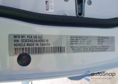 2020 Dodge Charger Scat Pack Rwd z USA, uszkodzony, nr VIN 2C3CDXGJ4LH255215